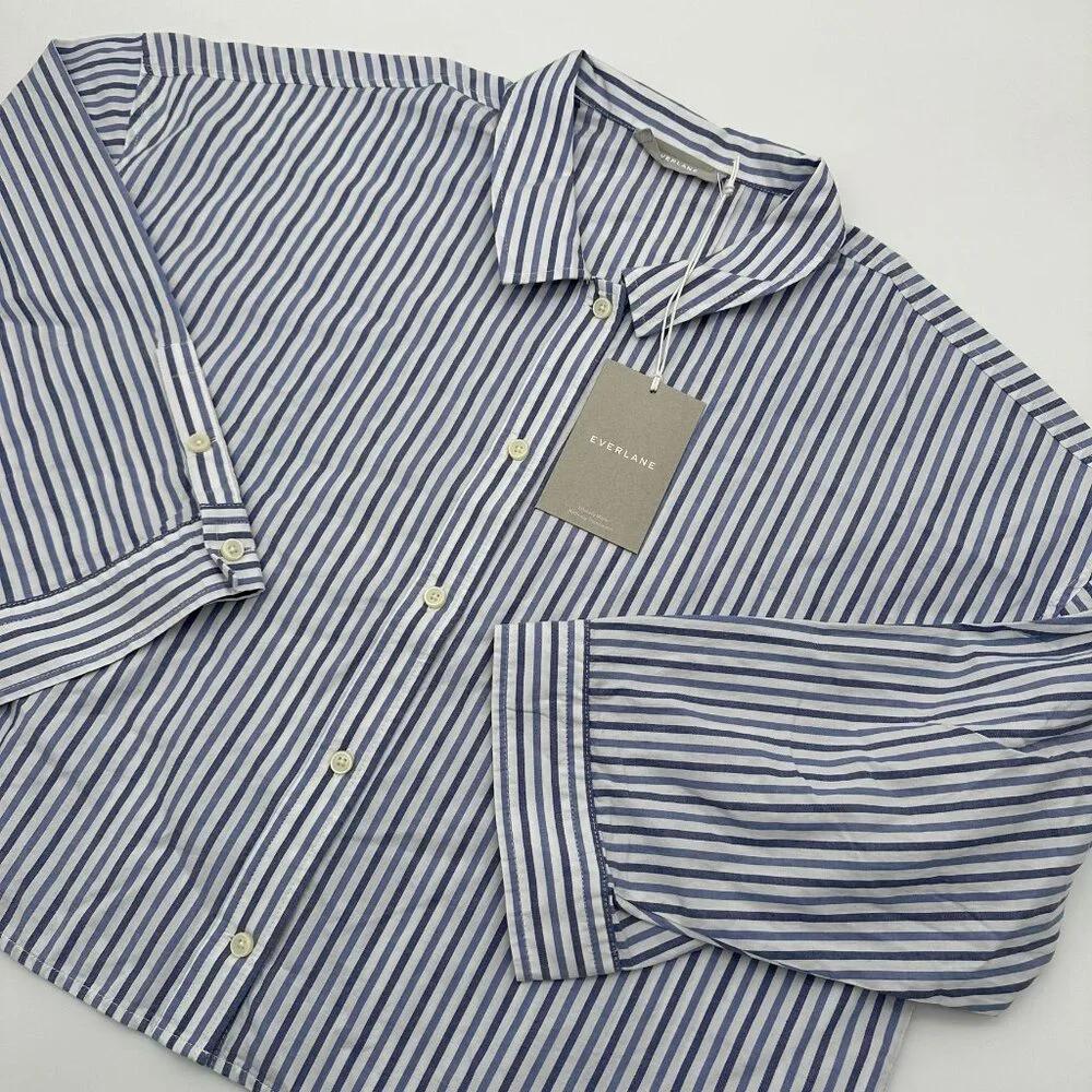 Everlane‎ Women's The Woven 100% Cotton Long Sleeve PJ Pajama Top, Blue Stripe